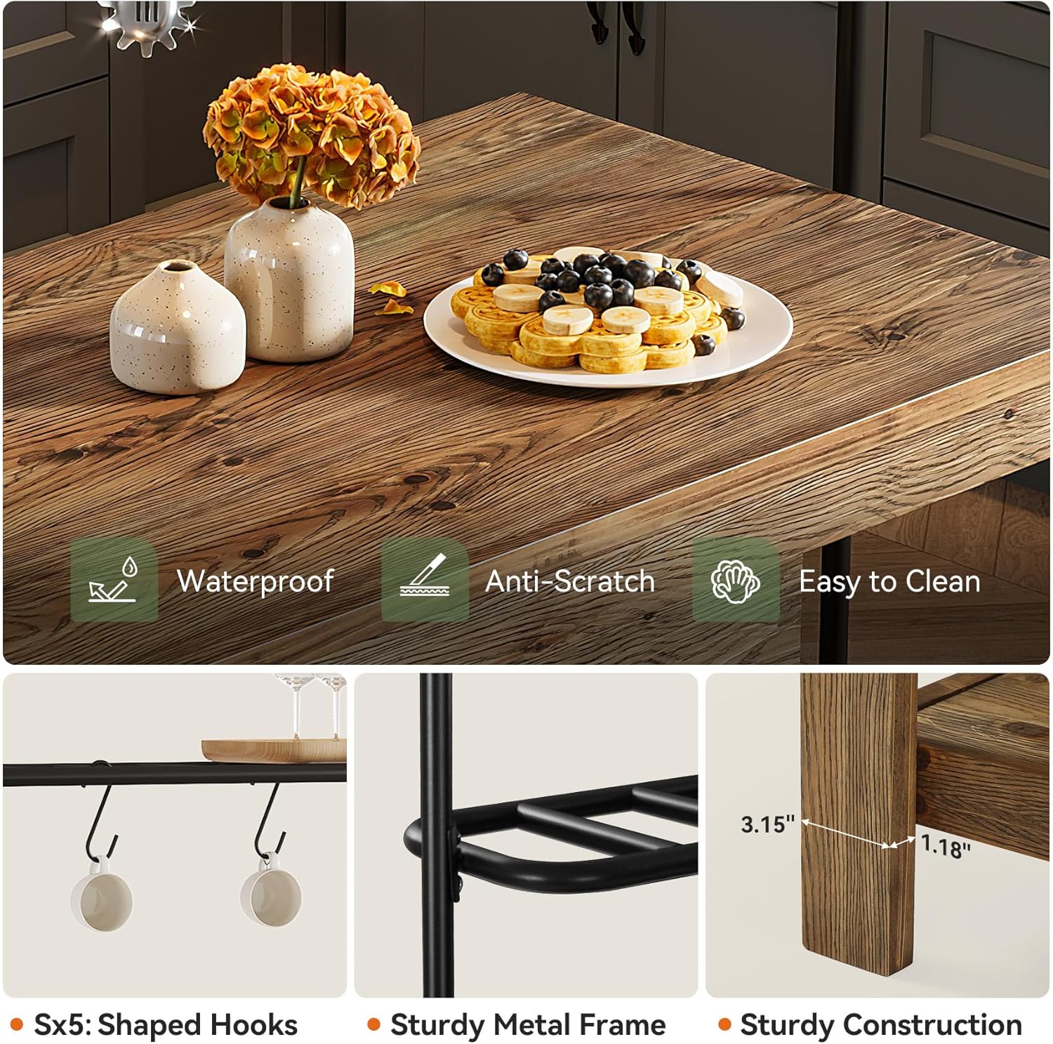 Solid Wood Kitchen Island with Storage, 47-Inch Farmhouse Stationary Island Table with Seating and 5 Hooks, Counter Height Bar Table for Kitchen, Dining Room, Rustic Brown