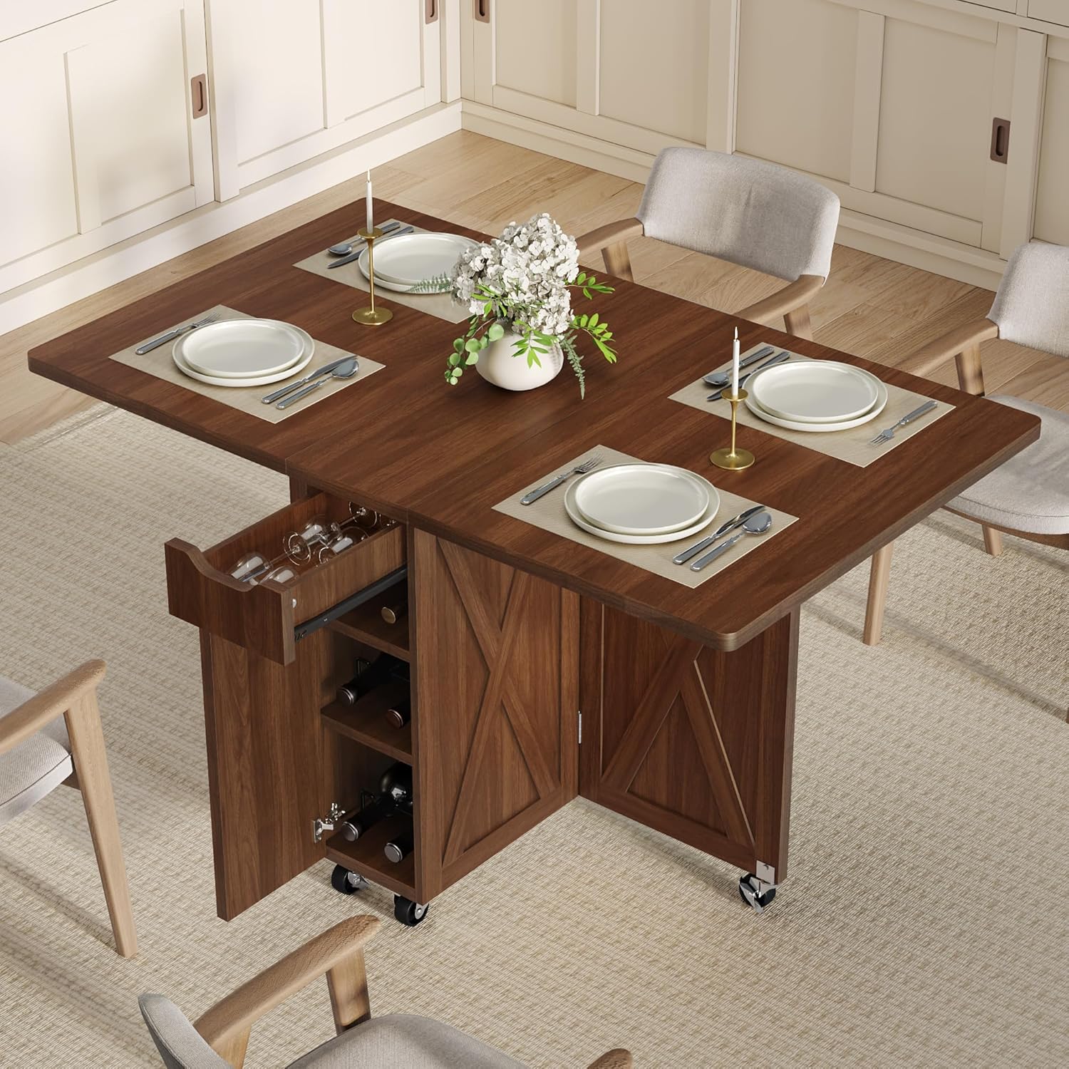 52.7" Folding Dining Table with 6 Wheels, Foldable Dining Table with Drawer, Shelves and Wine Racks, Drop Leaf Table for Small Spaces, Suitable for Kitchen, Dining Room, Apartment (Walnut)