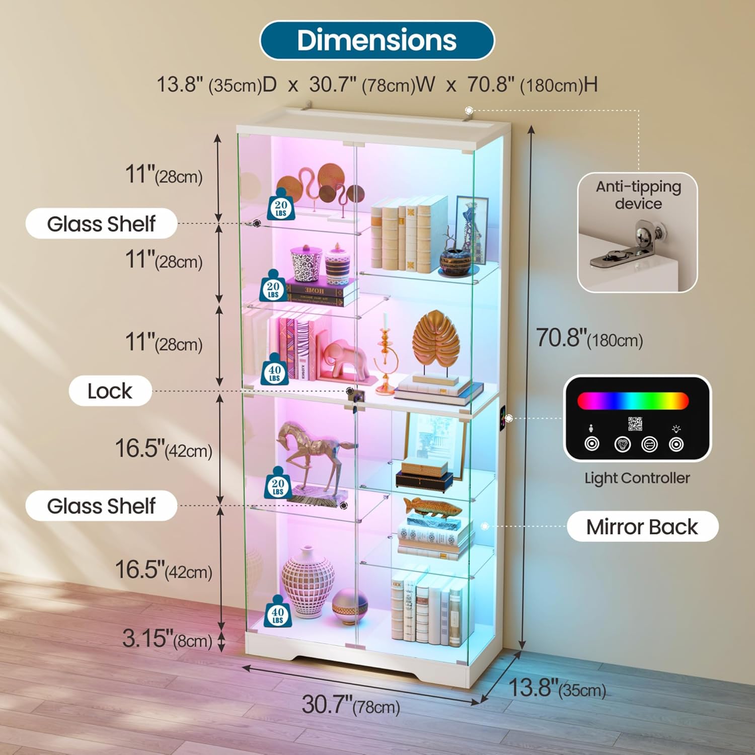 Lvifur 71'' Glass Display Cabinet - with RGB Lights,10-Tier Curio Cabinet with Glass Doors,Lockable Figure Display Case with Human Body Sensor,Tall Showcase Cabinets for Collectibles,White