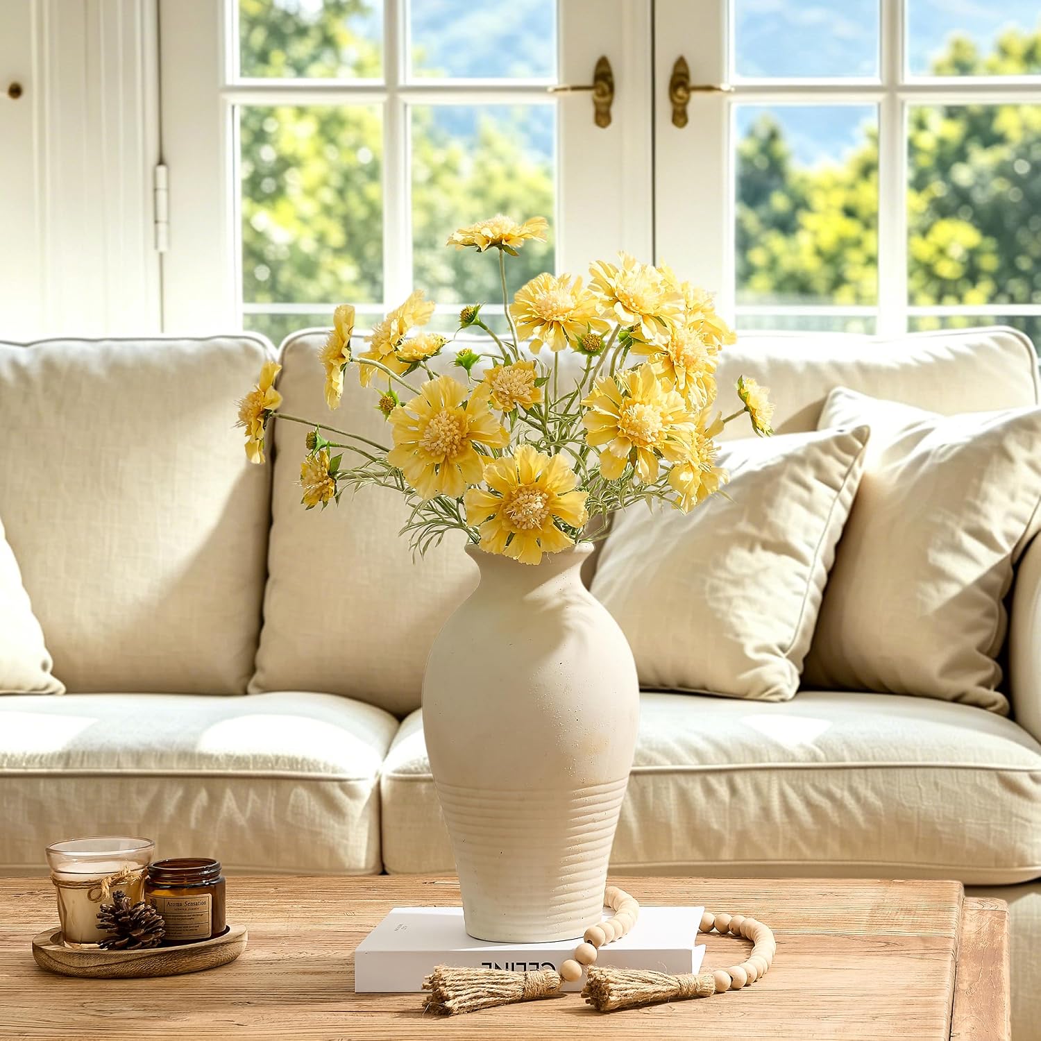 LUKA Ceramic Flower Vase Home Decor,11inches Large Farmhouse Table Vases Rustic Vintage Living Room Kitchen Bedroom Decorations for Home, Shelf, Fireplace Mantel Decoration (11",Off-White)