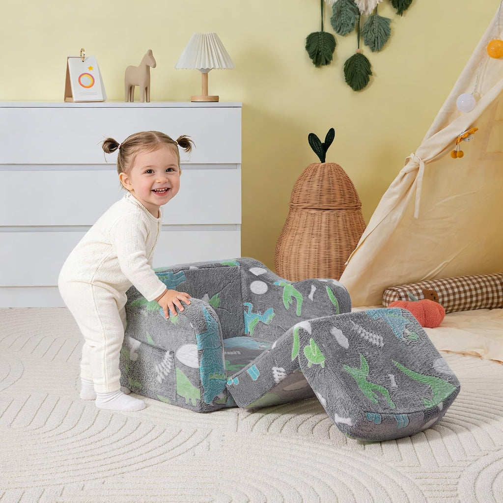 aodisman Thick Comfy Kids Chair and Couch, 2-in-1 Soft Foldable Plush Kids Sofa, Foam Seating for Reading and Play, Removable Washable Cover, Gray Dinosaur