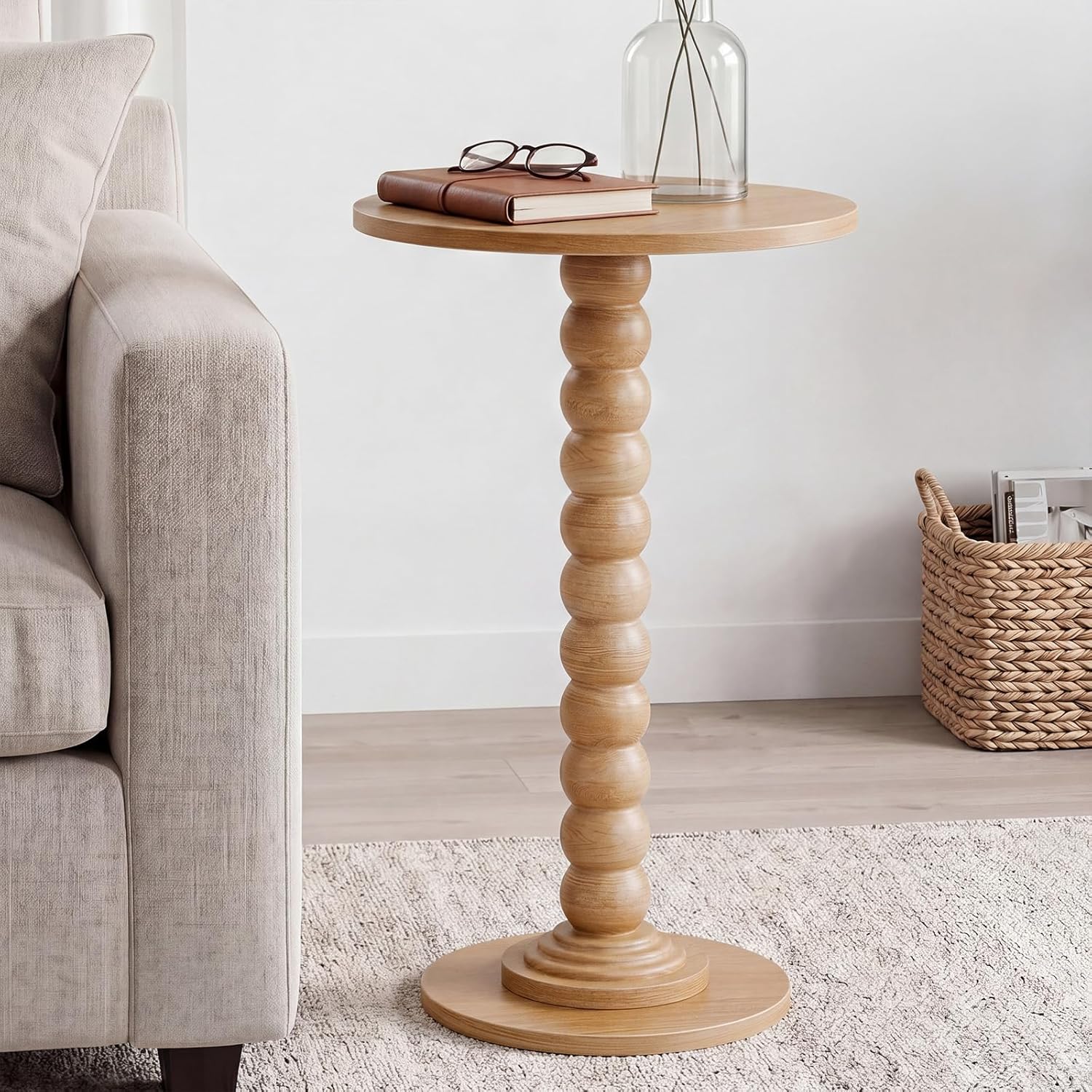 DUMOS Round Side Table for Small Spaces, Wood Modern Modern Accent End Table with Solid Wood Leg, Versatile Drink Nightstand for Living Room, Bedroom, Corners and Office