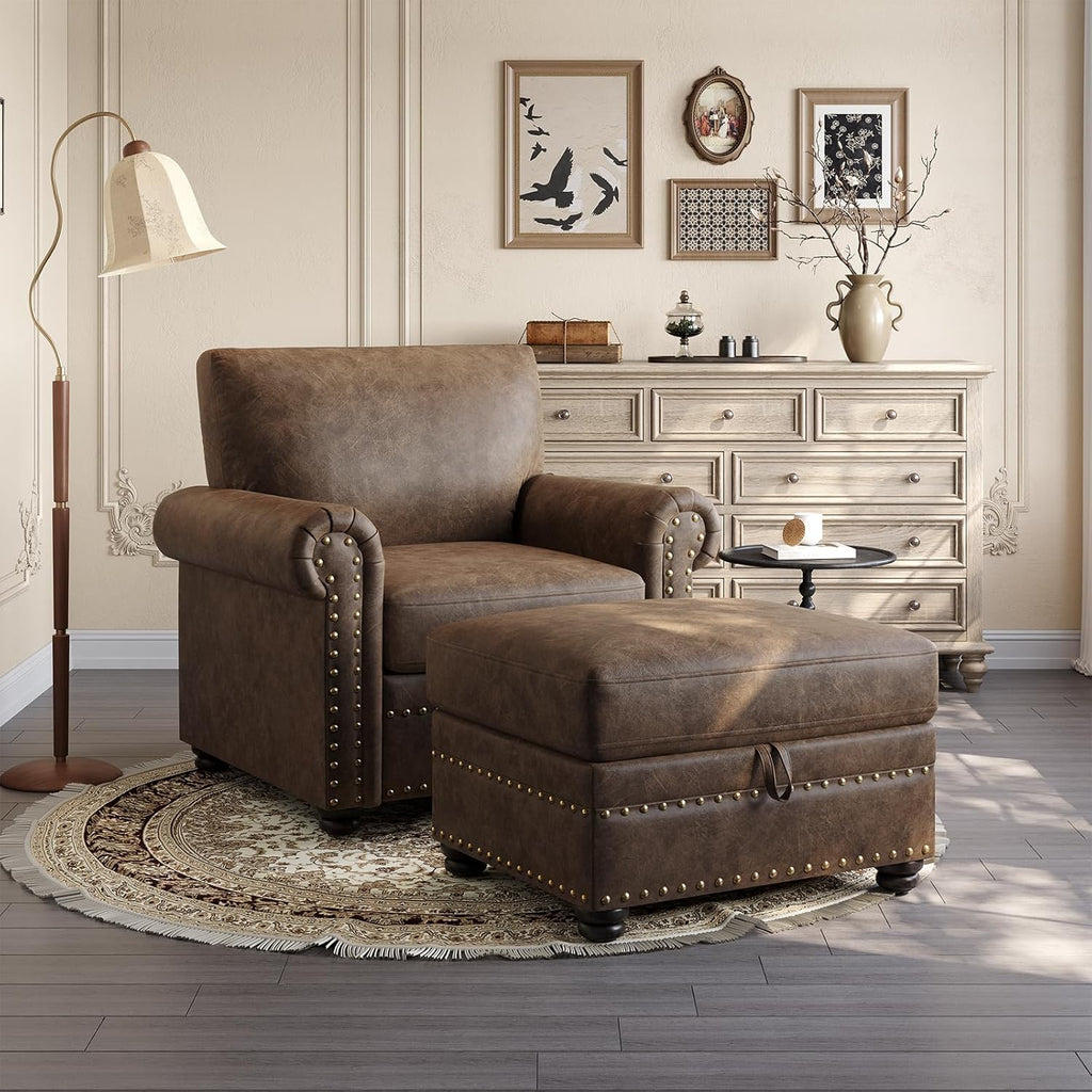 ONBRILL Faux Leather Ottoman with Storage, Rectangle Ottoman Coffee Table with Nailhead Trim, Solid Wood Legs, Oversized Upholstered Footrest Stool for Living Room, Bedroom, Apartment, Brown