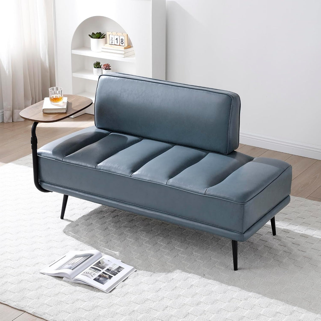 Waiting Room Bench Seating with 360-Degree Swivel Tray,Salon Reception Bench,Guest Lobby Chair,Beauty Barber Furniture,PU Upholstered Couch with Metal Legs and Backrest (PU with Tray, Grayish Blue)