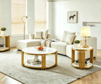 3 Piece Living Room Table Set, Faux Marble Round Coffee Table and End Tables, Luxury Modern White Coffee Table Set of 3 with Gold Metal Frame for Living Room, Bedroom, Apartment