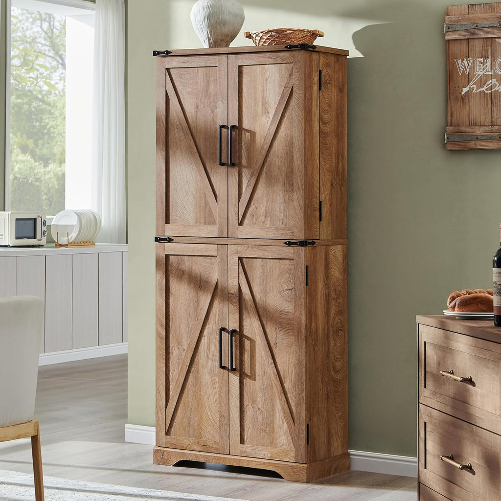 ACCOHOHO 72" Tall Kitchen Pantry, Farmhouse Storage Cabinet with Barn Doors, Organizer, Drawer and Adjustable Shelves, Rustic Wood Cupboard for Kitchen, Dining Room, Bathroom and Hallway, Light Walnut