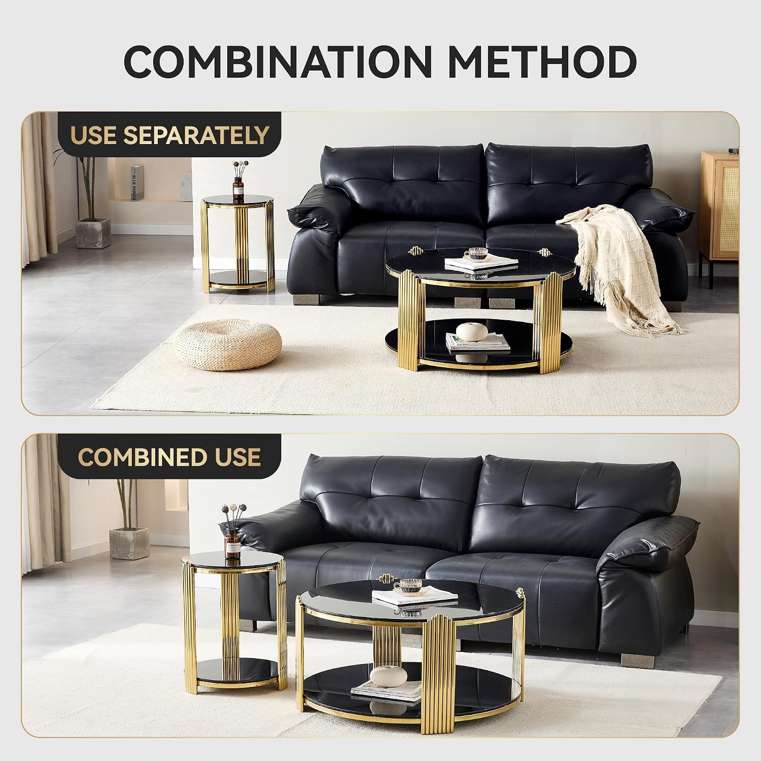 Henf Round Glass End Table Modern Luxury Accent Sofa Side Table, 2-Tier Black Glass End Tables Nightstand with Tempered Glass Top and Shiny Gold Stainless Steel Base for Living Room Bedroom