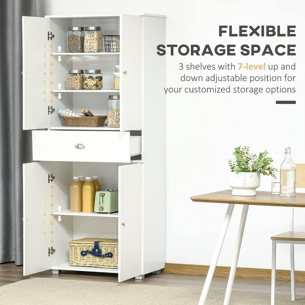 72" Freestanding Kitchen Pantry Cabinet with 2 Large Double Door Cabinets and 1 Center Drawer, White,15.75 * 29.25 * 72.5