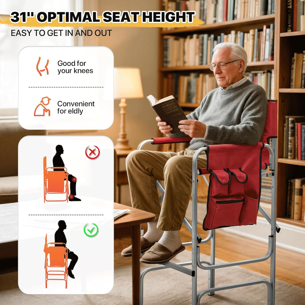 MoNiBloom 44.5" Foldable Tall Director Chair Folding Portable Aluminum Frame Makeup Artist Chair, with Side Table, Cup Holder and Pockets, 250lbs Capacity (Set of 2, Red)