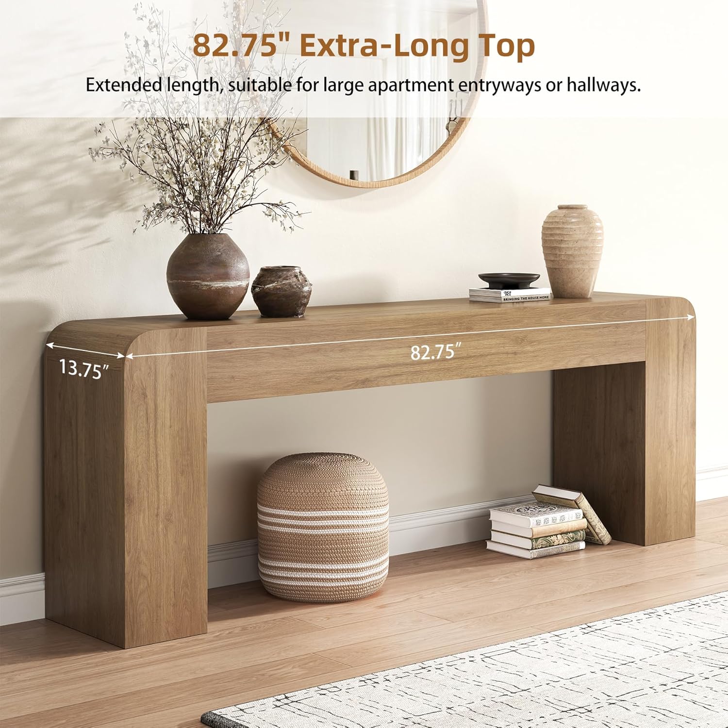 82.75" Extra Long Console Table for Entryway, Farmhouse Rounded-Edge Entryway Table, U-Shaped Foyer Table Sofa Table for Living Room Hallway Entrance, Rustic Brown