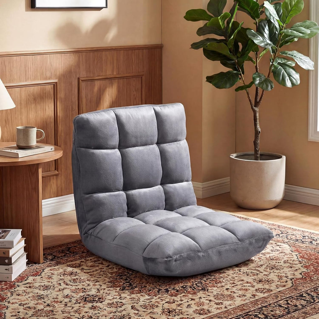COSTWAY Floor Chair, 14 Positions Adjustable Floor Gaming Chair with Back Support, Flannel Fabric, Folding Floor Seating Lounger for Adults &Kids, Living Room (Grey)