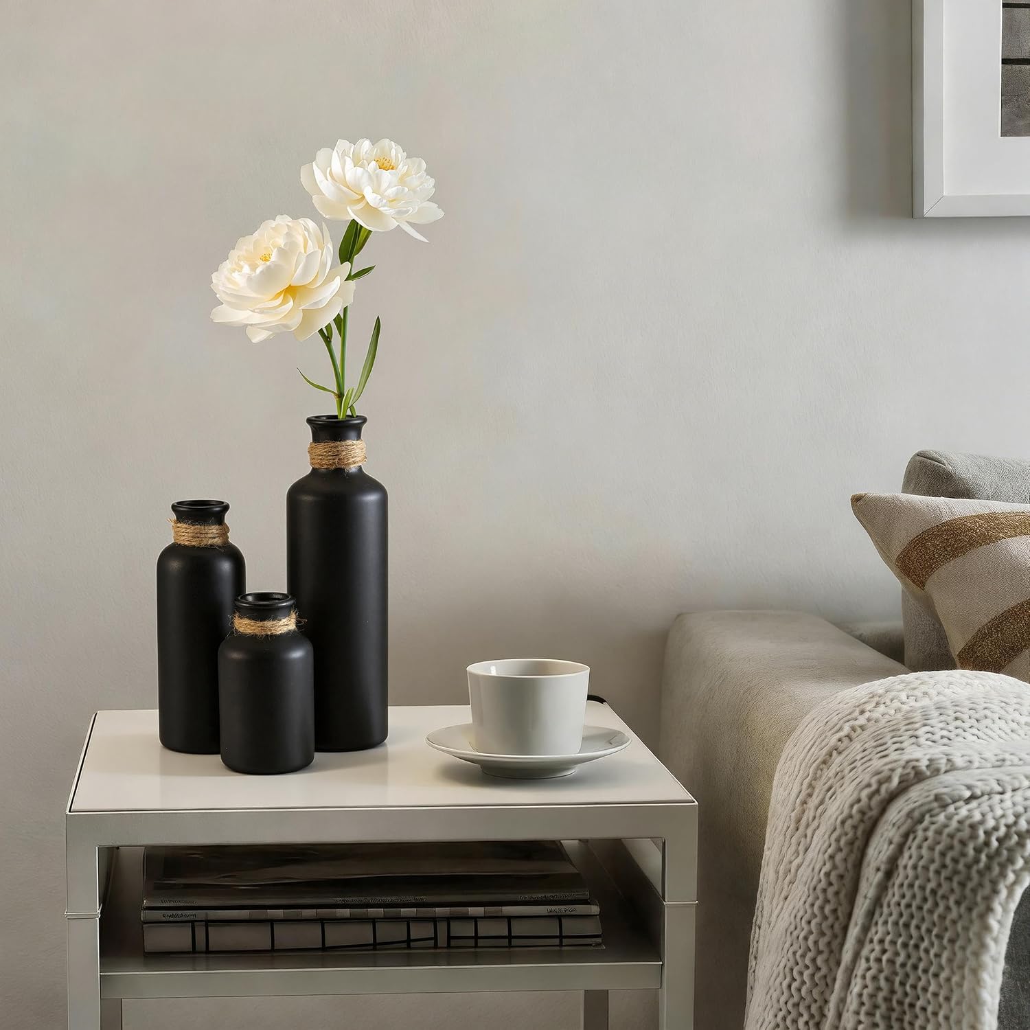 Matte Black Ceramic Vase Set, 3 Pcs Rustic Decorative Vases for Modern Farmhouse Office Home Decor, Living Room Centerpieces Decoration for Table Mantel Entryway Shelves Décor