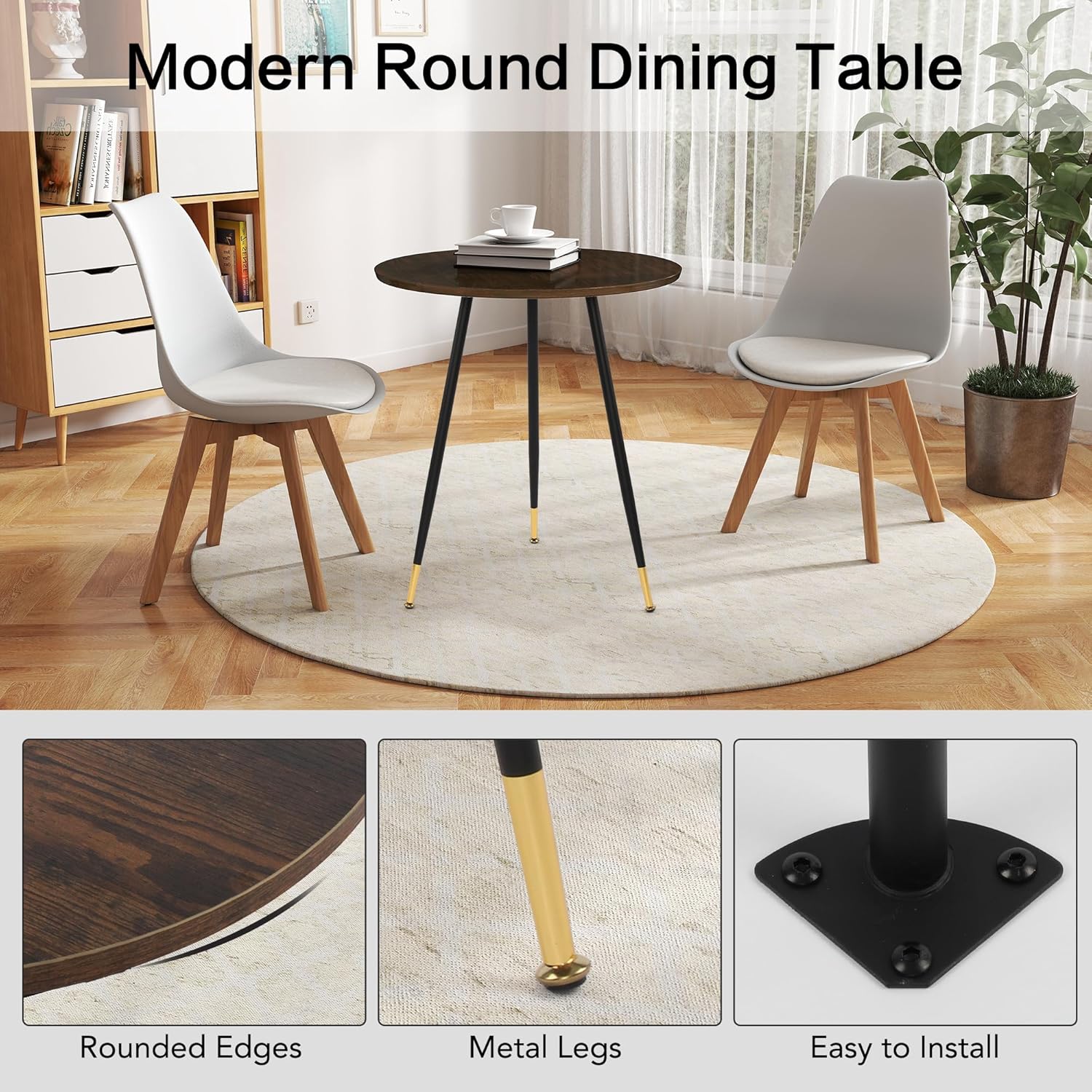Round Dining Table, 23.6" Kitchen Dining Table with Thickened Tabletop and Metal Pedestal,Mid Century Modern Bistro Table for Dining Room,Small Places, Living Room,Cafe (Brown)