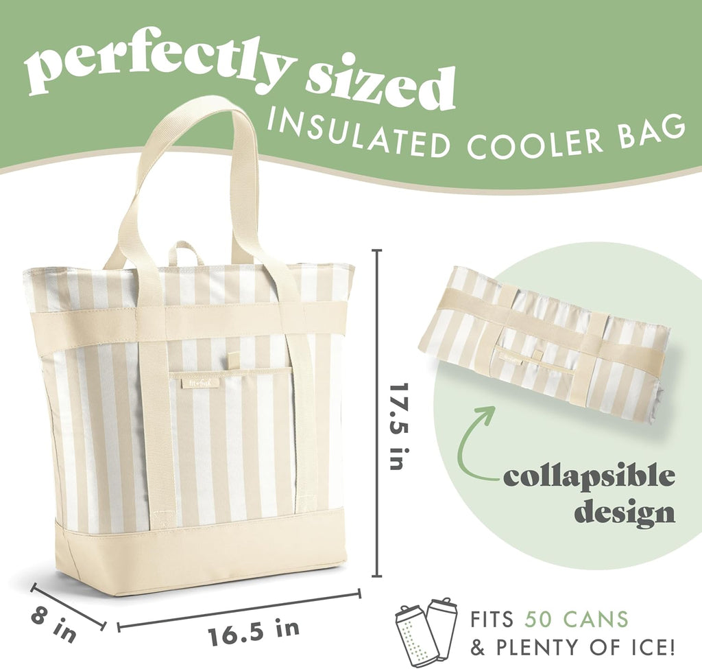Fit & Fresh Insulated Grocery Tote Bag – Large Reusable Thermal Cooler Bag for Shopping, Food Delivery & Catering – Premium Leak Resistant Food Carrier, Foldable Soft Cooler, Taupe Stripe