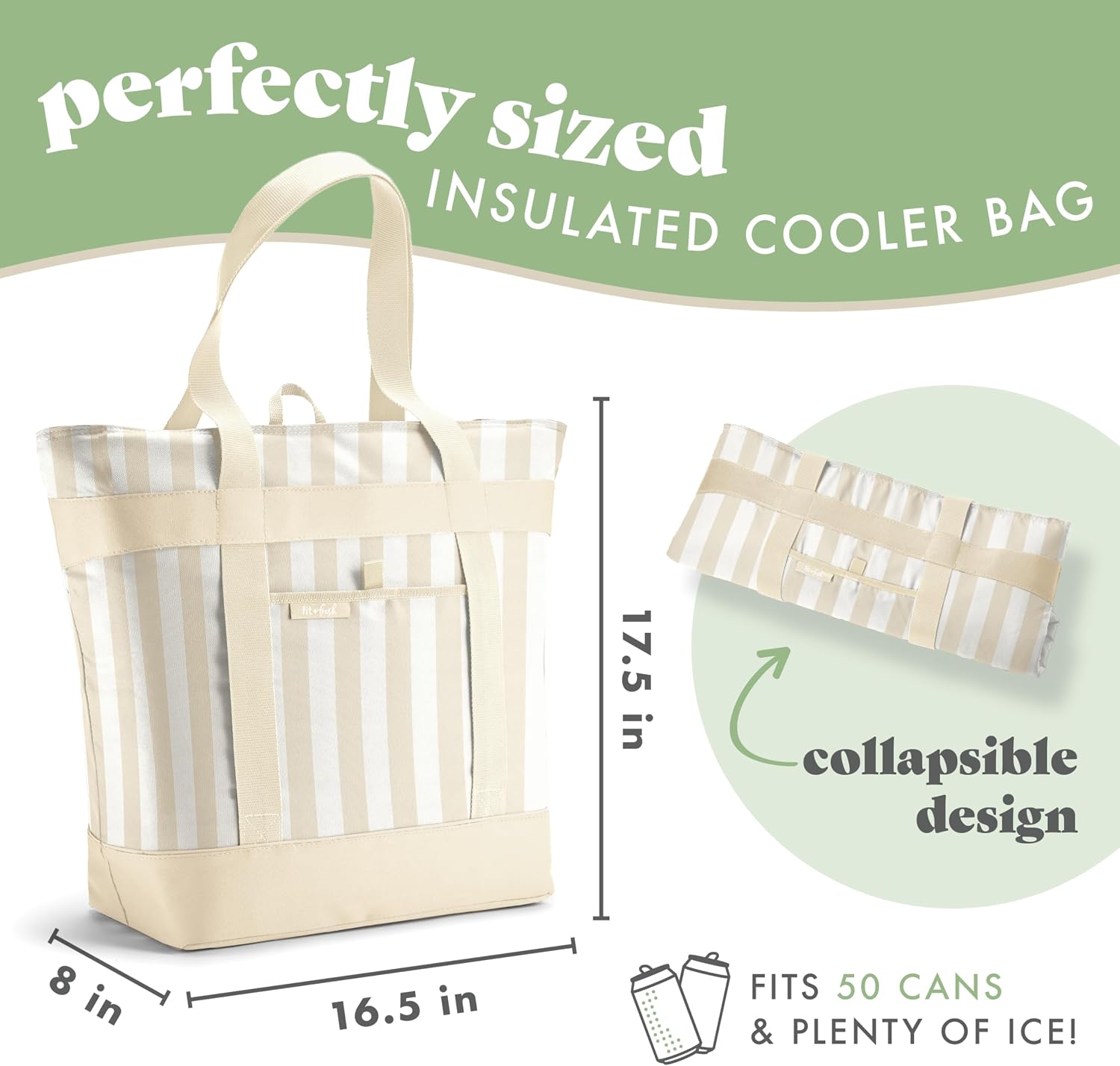 Fit & Fresh Insulated Grocery Tote Bag – Large Reusable Thermal Cooler Bag for Shopping, Food Delivery & Catering – Premium Leak Resistant Food Carrier, Foldable Soft Cooler, Taupe Stripe