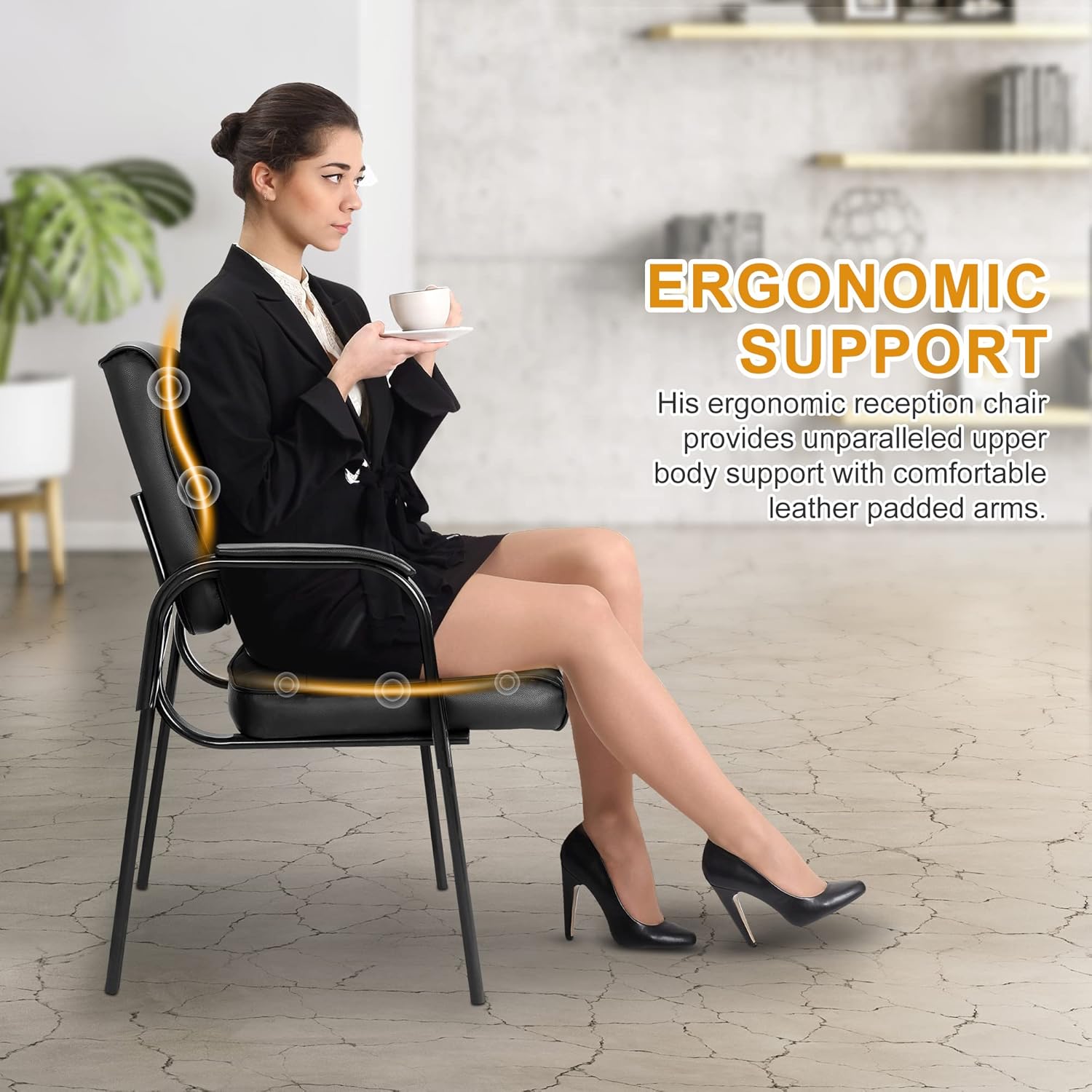 SUPER DEAL Office Guest Chair Bonded Leather Executive Side Chair Reception Chair with Solid Metal Frame Home Office Furniture, Set of 4, Black