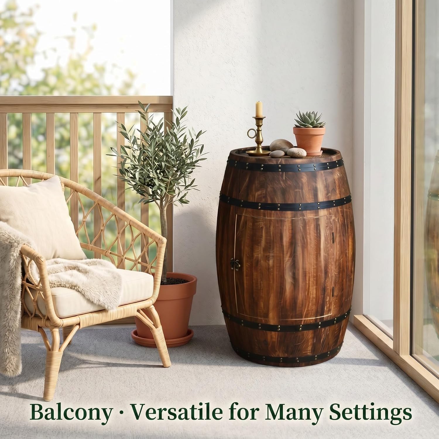 Wooden Whiskey Barrel Table Multi-Functional Wine Barrel Table For Living Room Bedroom Balcony Farmhouse Bar And Rustic Home Decoration With Solid Wood Structure (31.5×18.9×13.8in/80×48×35cm)