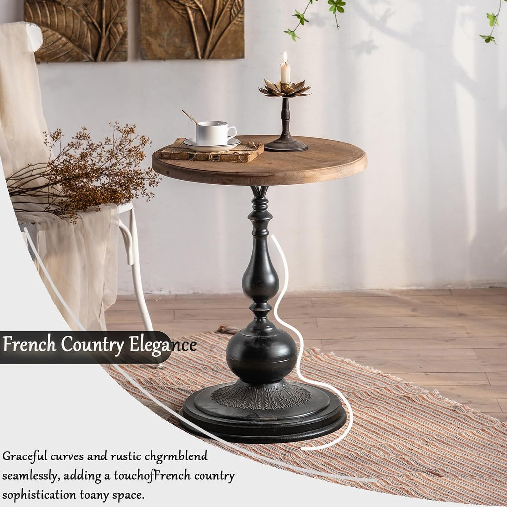 Round End Table Living Room, Vintage Side Table, Farmhouse Pedestal Table for Bedroom, Retro Wood Accent Tables for Home Decor, Patio Black