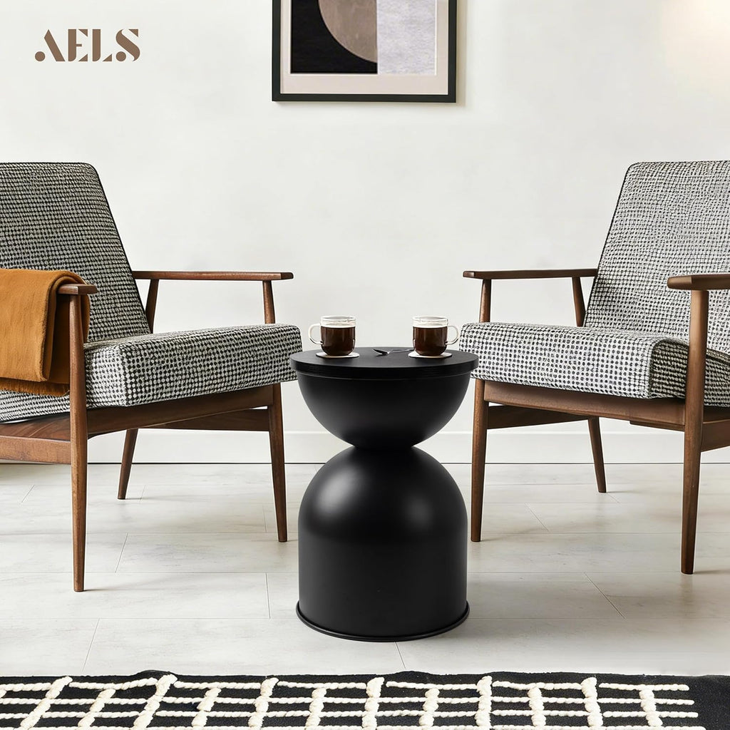 AELS Mid Century Modern Storage Drum Side Table, 12.5" Wide Black Metal End Table with Removable Lid, Accent Table for Living Room, Bedroom or Entryway