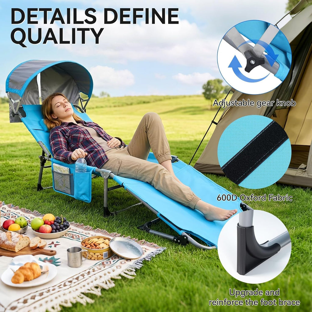 27 Inch Oversized Folding Tanning Chair with Canopy & Face Hole, Portable Face Down Lounge Chair with Pillow, 3-Position Adjustable Patio Chaise for Beach, Pool, Lawn Blue 1
