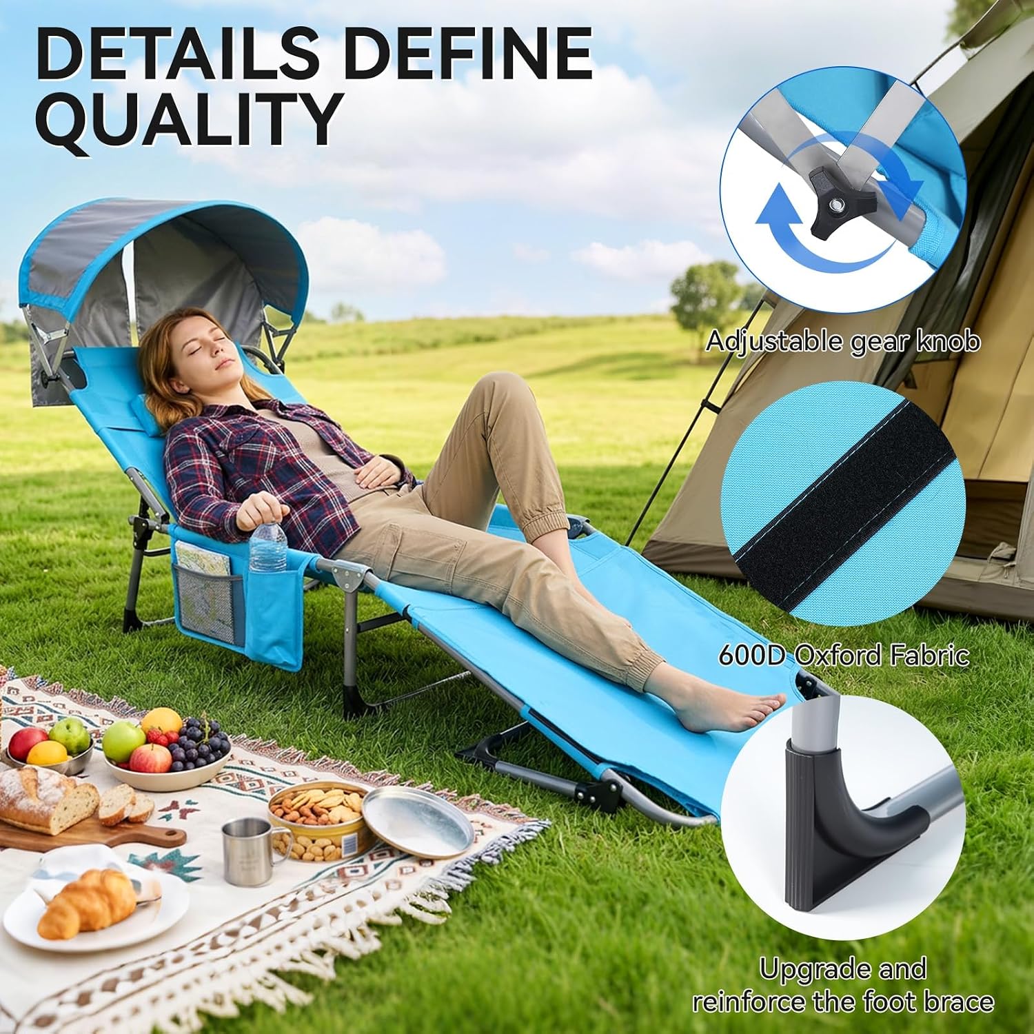 27 Inch Oversized Folding Tanning Chair with Canopy & Face Hole, Portable Face Down Lounge Chair with Pillow, 3-Position Adjustable Patio Chaise for Beach, Pool, Lawn Blue 1