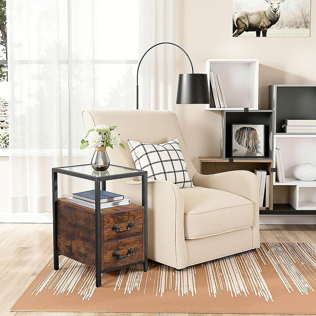 VECELO Narrow Side Table Set of 2, Night Stand Sofa Table with Glass Top,Bedside End Tables with Storage Drawers,Wood Nightstand for Small Spaces Living Room Bedroom,Brown