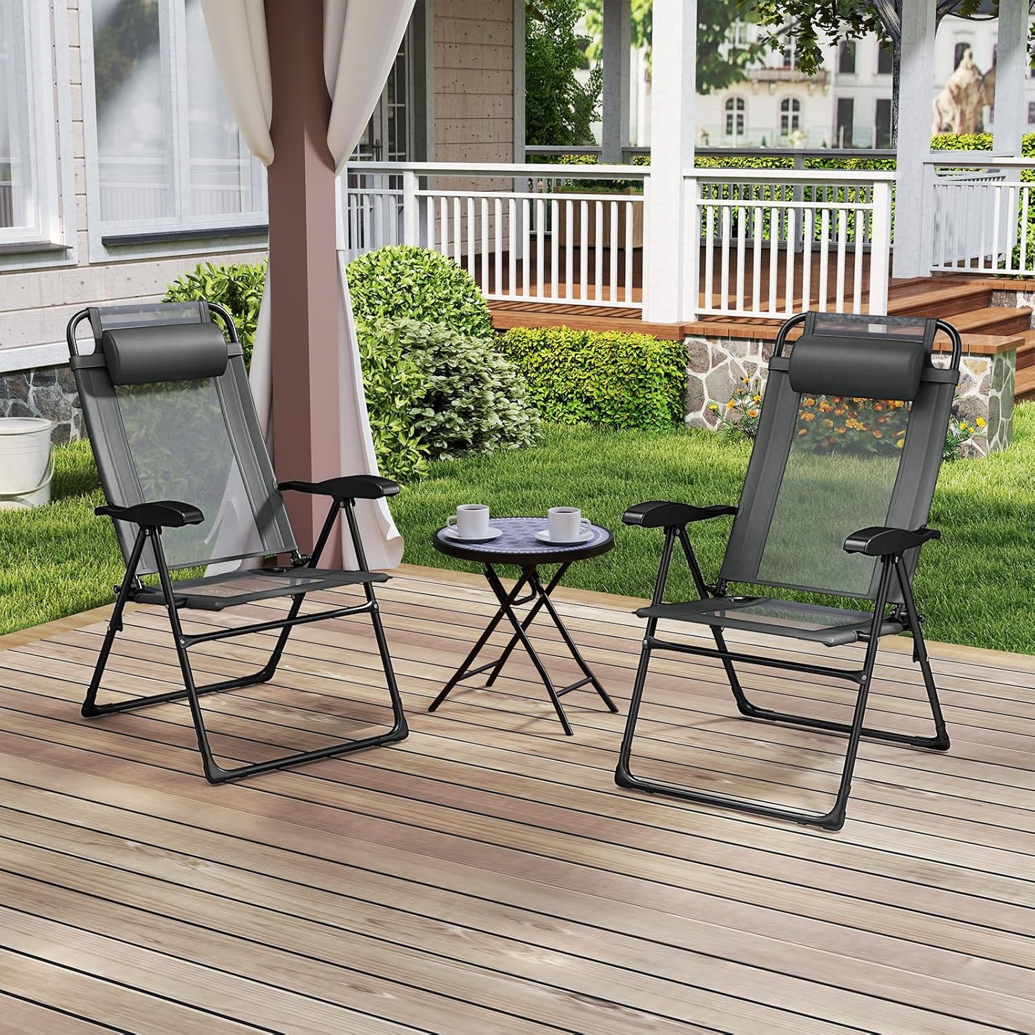 Giantex Set of 2 Patio Folding Chairs, Portable Outdoor Dining Chairs with 7-Level Adjustable Backrest, Headrest, Metal Frame, Outside Recliner for Front Porch Camping Picnic Lawn Garden, Dark Gray