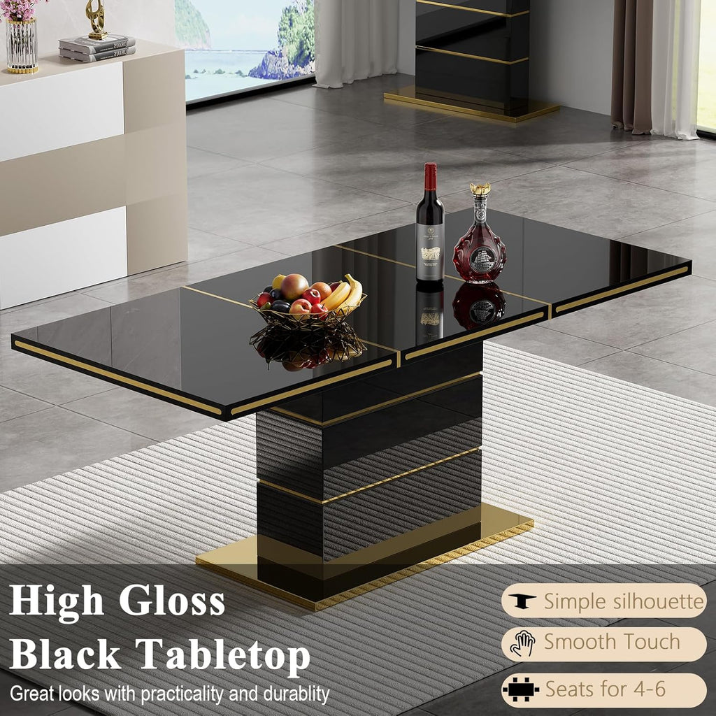 Luxury 70" Black High Gloss Rectangular Dining Table with 1.5" Thick Tabletop, Gold Accent Trims & Sturdy Pedestal Base, Elegant Modern Dining Table for 4-6 People, Kitchen & Dining Room Furniture