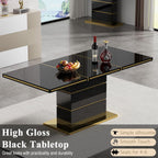 Luxury 70" Black High Gloss Rectangular Dining Table with 1.5" Thick Tabletop, Gold Accent Trims & Sturdy Pedestal Base, Elegant Modern Dining Table for 4-6 People, Kitchen & Dining Room Furniture