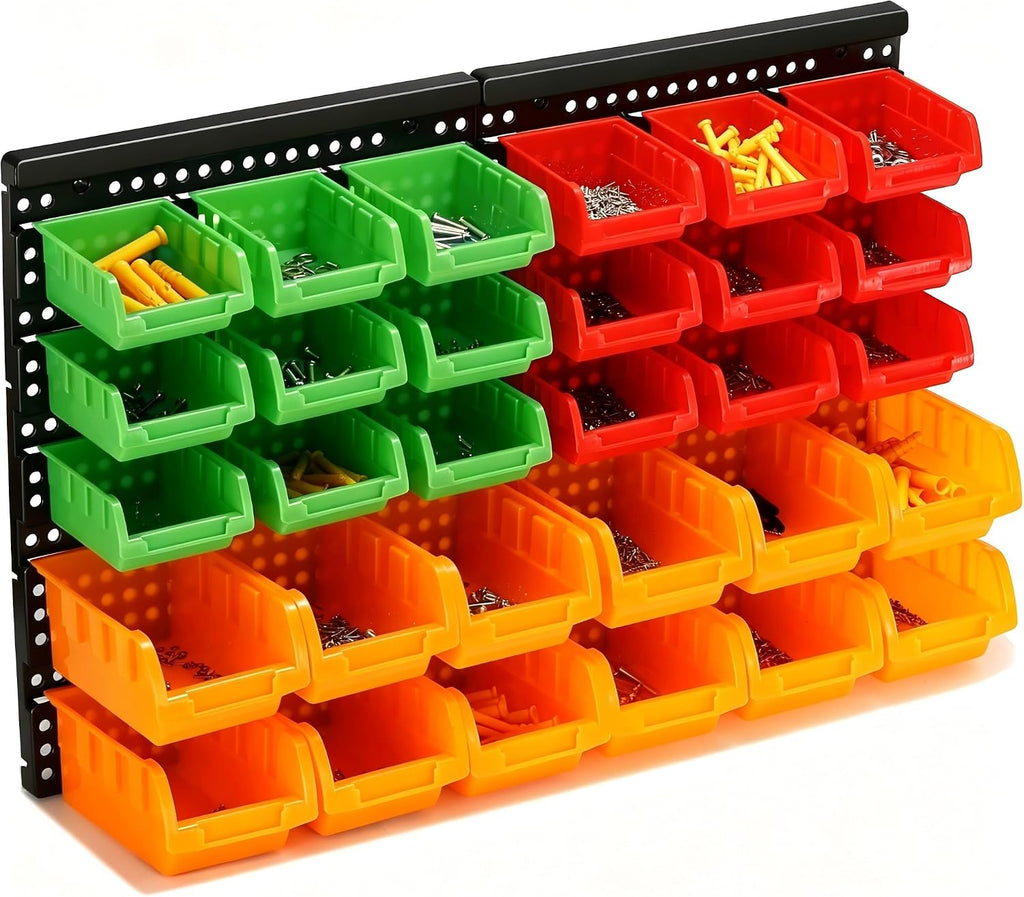 30-Bin Wall Mounted Storage Bins Kit, Tool Organizer Rack, Garage Hardware Organizer, Parts Storage Bins, DIY Combination(Red & Green & Orange Type)