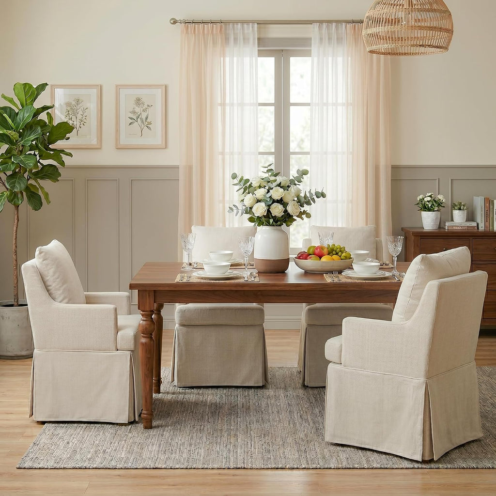 UVV Upholstered Dining Chairs Set of 2, Modern Kitchen Chair Dining Room Chair with 4 Casters, Linen Armchair for Bedroom Reading Room Living Room, Beige