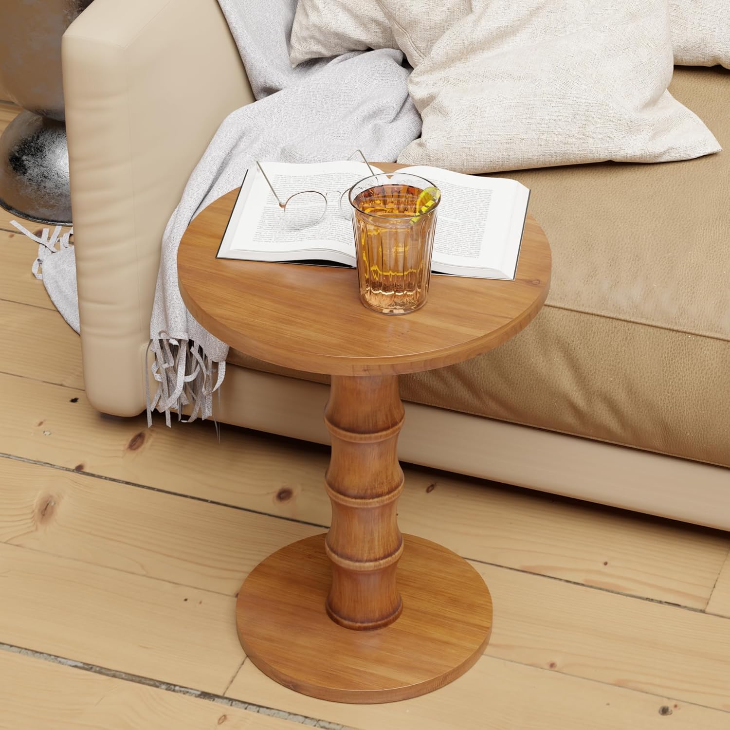 COZAYH Solid Cedar Pedestal End Table with Turned Wood Base, Round Wooden Side Table, Small Space Accent Table for Living Room or Entryway, Warm Natural