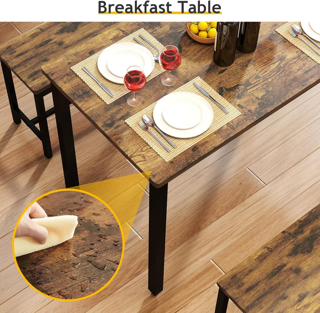 Rovibek Dining Table Set for 4 with 2 Benches – Space-Saving Kitchen Table Set for Kitchen & Dining Room, Rustic