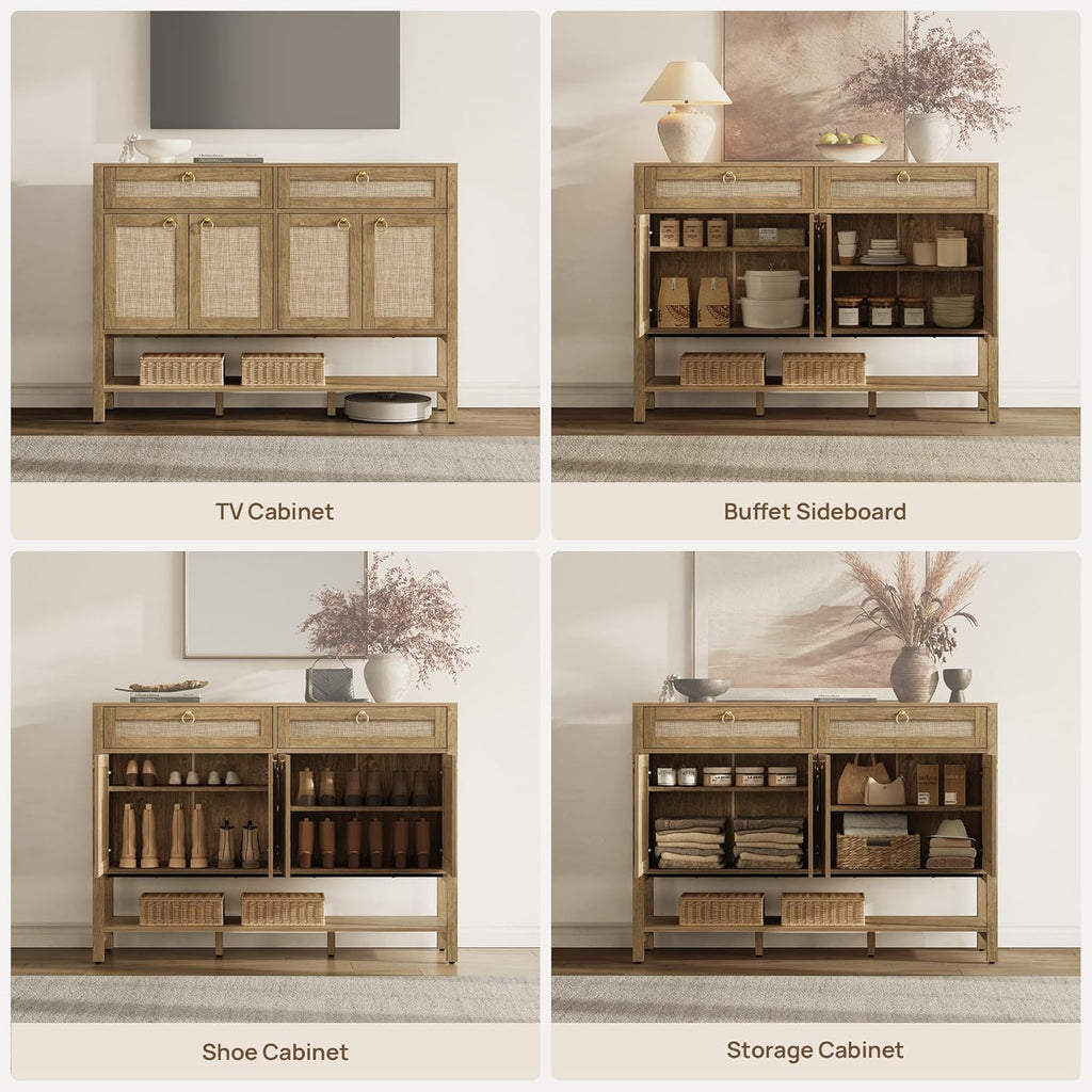 SICOTAS Rattan Sideboard Buffet Cabinet with Open Storage - Large Farmhouse Credenza with 4 Doors & 2 Drawers, Boho Coffee Bar Cabinets Buffet Console Table for Kitchen, Hallway