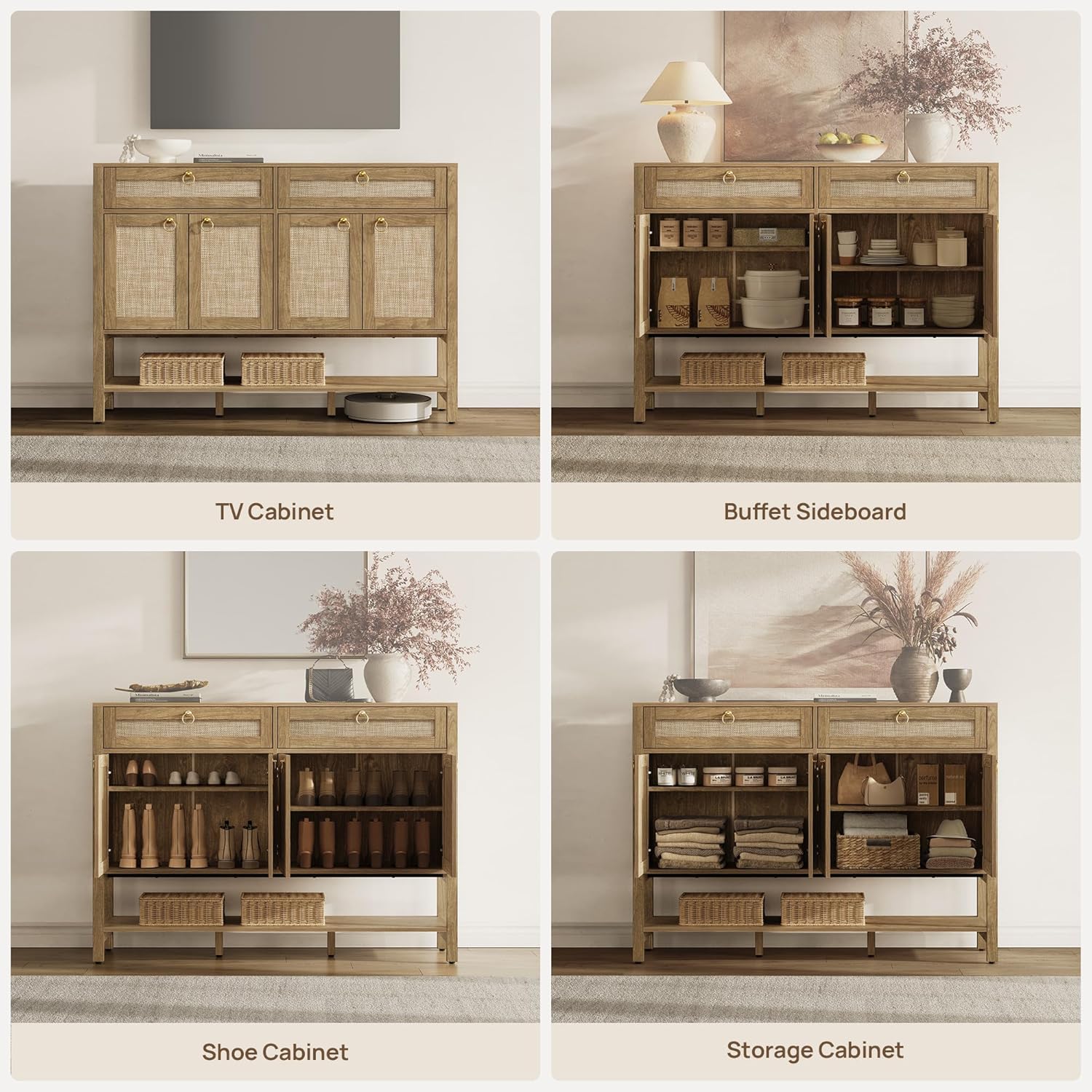 SICOTAS Rattan Sideboard Buffet Cabinet with Open Storage - Large Farmhouse Credenza with 4 Doors & 2 Drawers, Boho Coffee Bar Cabinets Buffet Console Table for Kitchen, Hallway