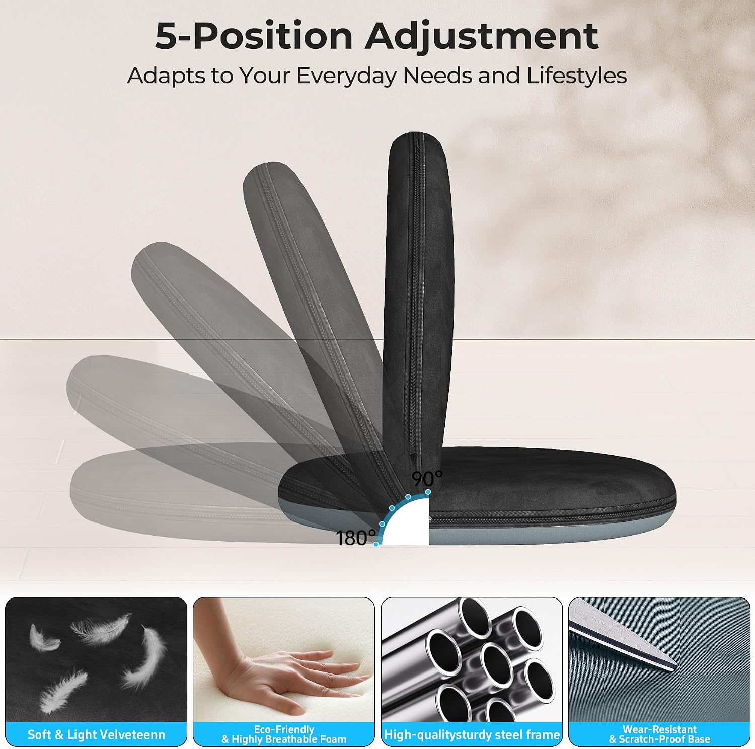 Floor Chair, 5-Position Foldable Floor Chair for Kids with Adjustable Back, Soft Sponge & Velvetean Cover, for Adults and Kids, Indoor Outdoor Use, Meditation, Gaming, Camping (Black)