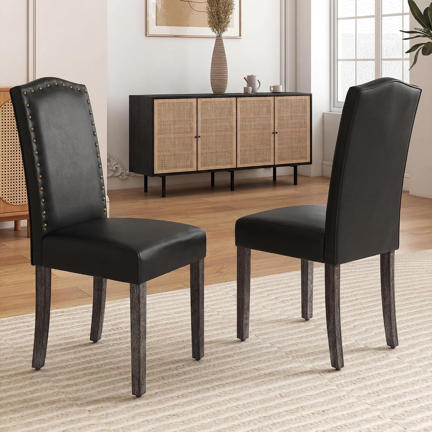 LSSBOUGHT PU Dining Chair Set of 2 Upholstered Parsons Kitchen Chair with Copper Nails and Solid Wood Legs for Dining Room,Restaurant(Black)