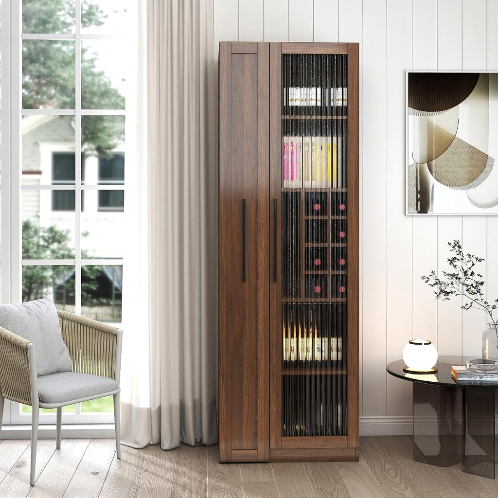 Kitchen Pantry Cabinet with Pull-Out 5-Tier Storage Shelf Space Saving Storage Organizer Cabinet with Glass Door Wine Racks Cup Holder for Kitchen, Dining Room, Bar, Walnut
