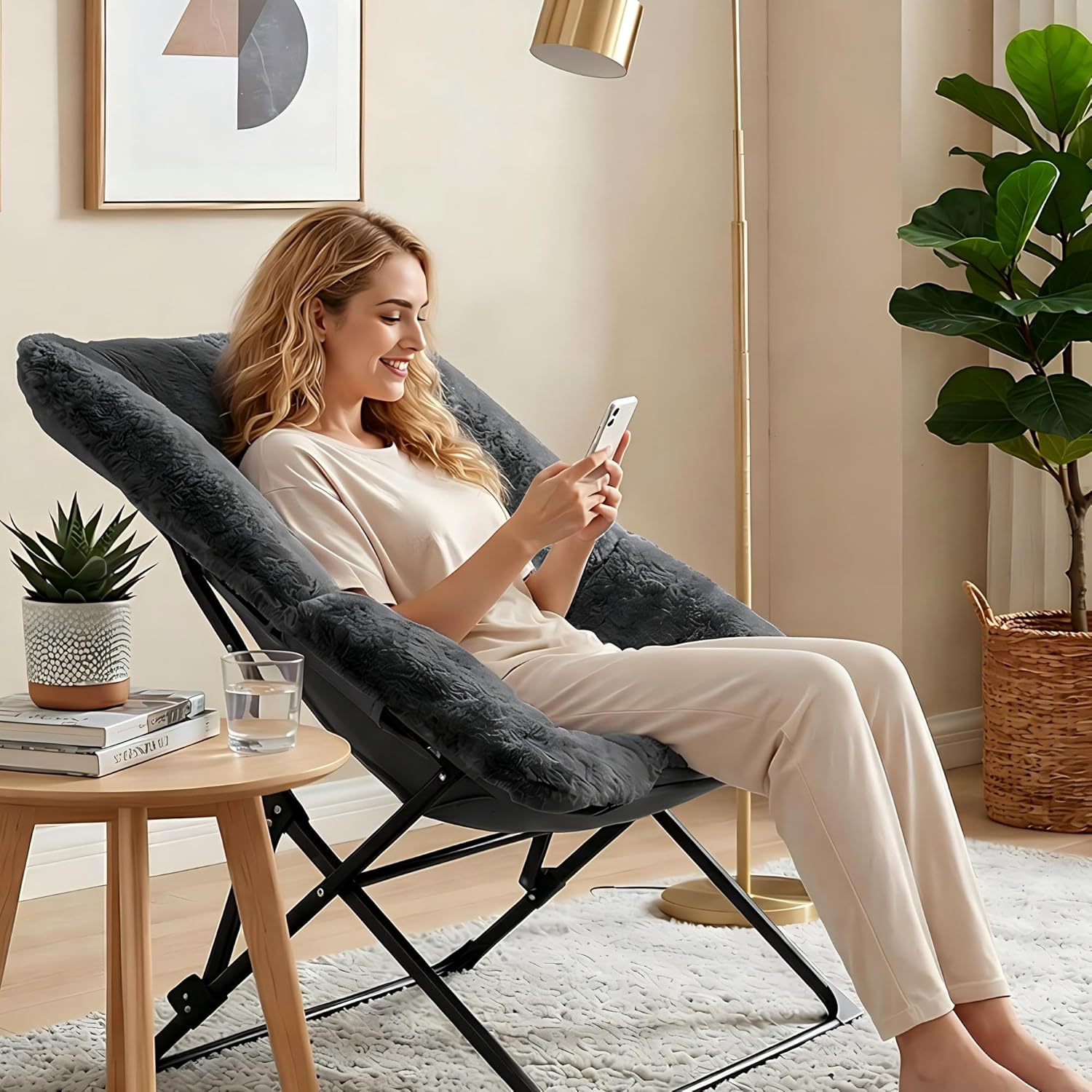 OAKHAM Comfy Chair for Adults, Soft Faux Fur Folding Lounge for Bedroom Living Room Dorm Rooms Flexible Reading Chair for Teens Kids, X-Large Foldable (Faux Fur-Charcoal Gray)