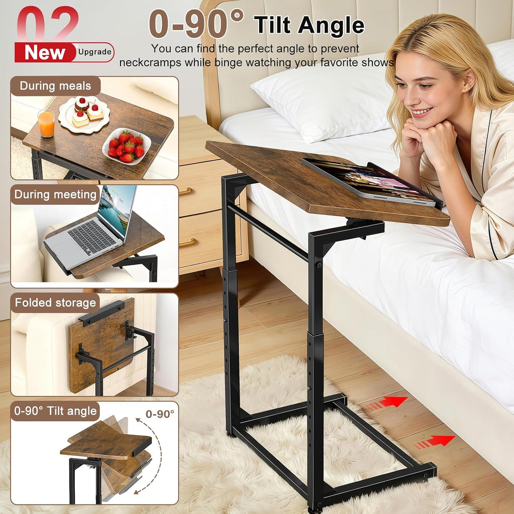IHAITUN Tv Tray Table, Adjustable Height Couch Narrow Side Table,90° Tilt Angle Foldable End Table, Laptop Table with Phone & Tablet Slot Dinner Tray Desk for Living Room Table Sets (Brown)
