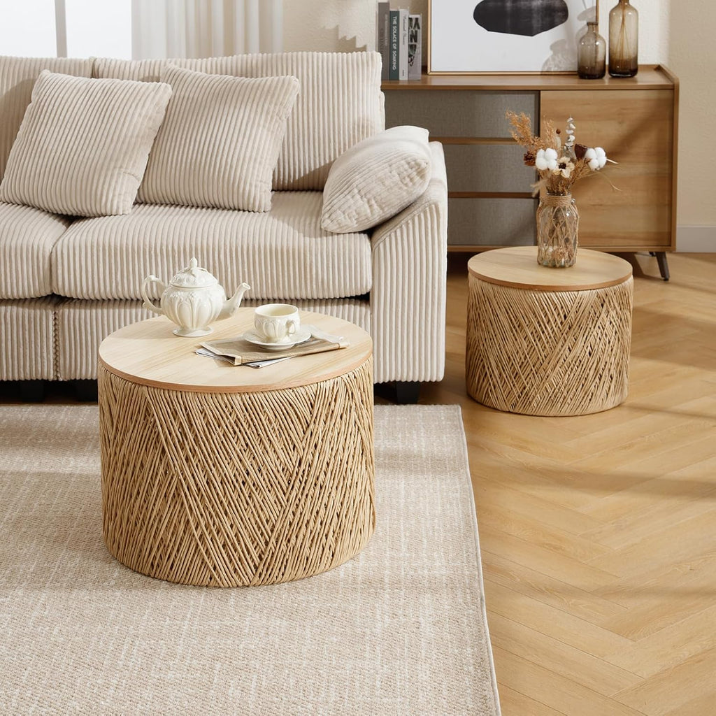 Nesting Table Set of 2 Round Wooden Coffee Tables Rustic Woven Center Table for Living Room Bedroom Apartment No Assembly Required, Natural