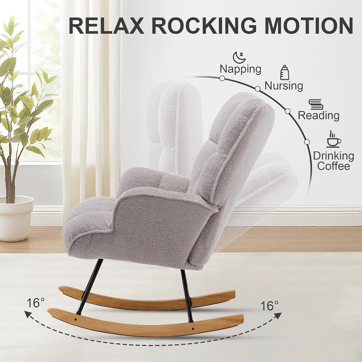 Zedachica Rocking Chair Nursery Teddy Upholstered Glider Rocker Rocking Accent Chair Padded Seat with High Backrest Armchair Comfy Side Chair for Living Room Bedroom Offices (Grey Teddy)