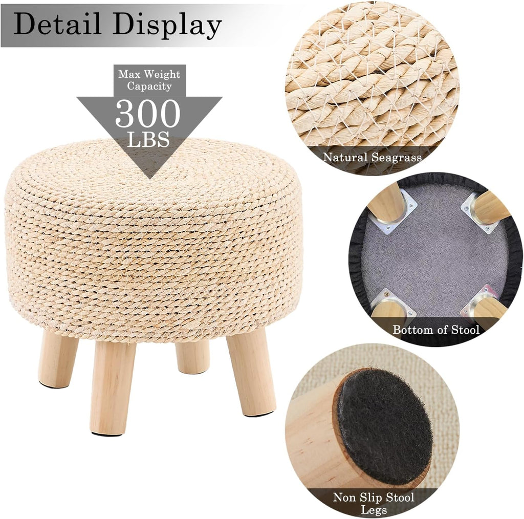 Cpintltr Ottoman Natural Seagrass Footrest Poufs Hand Weave Round Foot Stool for Couch Desk Soft Step Stool Padded Foot Rest with Pine Legs for Living Room Bedroom (Natural White)