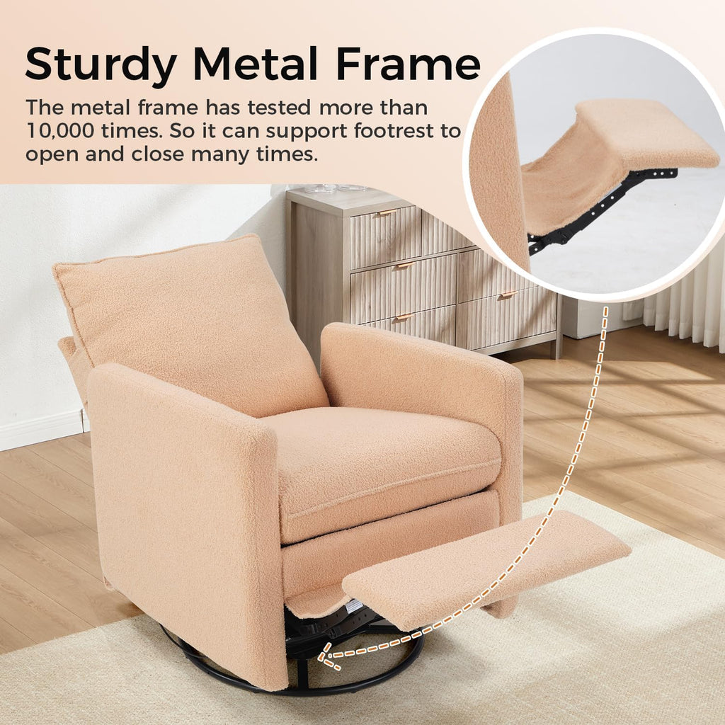 CANMOV Swivel Rocker Recliner Chair, Teddy Upholstered Nursery Glider Chair, Manual Reclining Chair with Two Removable Pillows for Living Room (Camel)