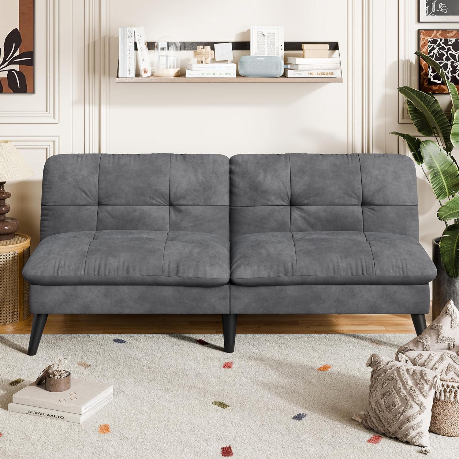Vongrasig Futon Sofa Bed Velvet Futon Couch with Adjustable Backrest, Small Convertible Folding Sleeper Sofa Bed, Modern Loveseat for Living Room, Bedroom and Small Space, (Gray)