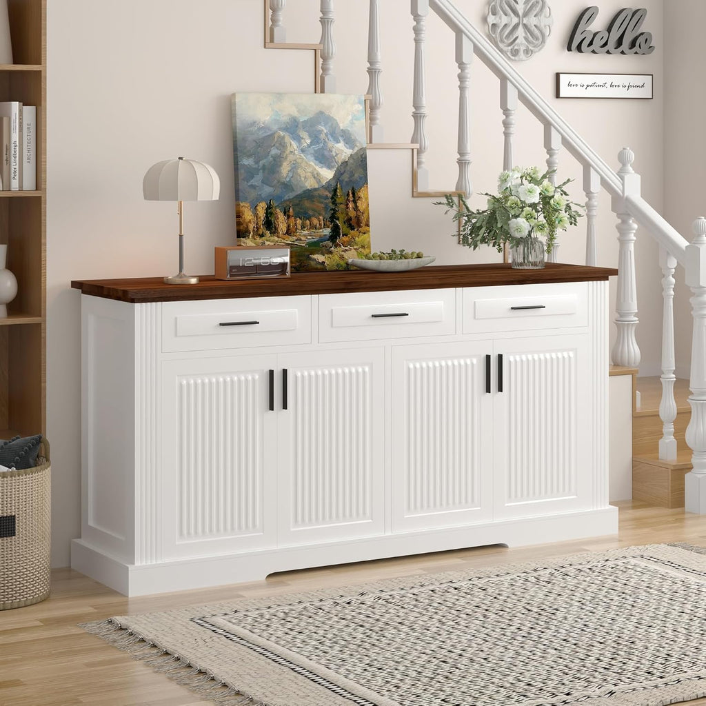 KEIKI 63" Fluted Sideboard Buffet Cabinet with Storage – 4 Doors, 3 Drawers, Adjustable Shelves, Kitchen Buffet, Large Sideboard Buffet Cabinet, Cabinet for Dishes, Kitchen Console Cabinet, White