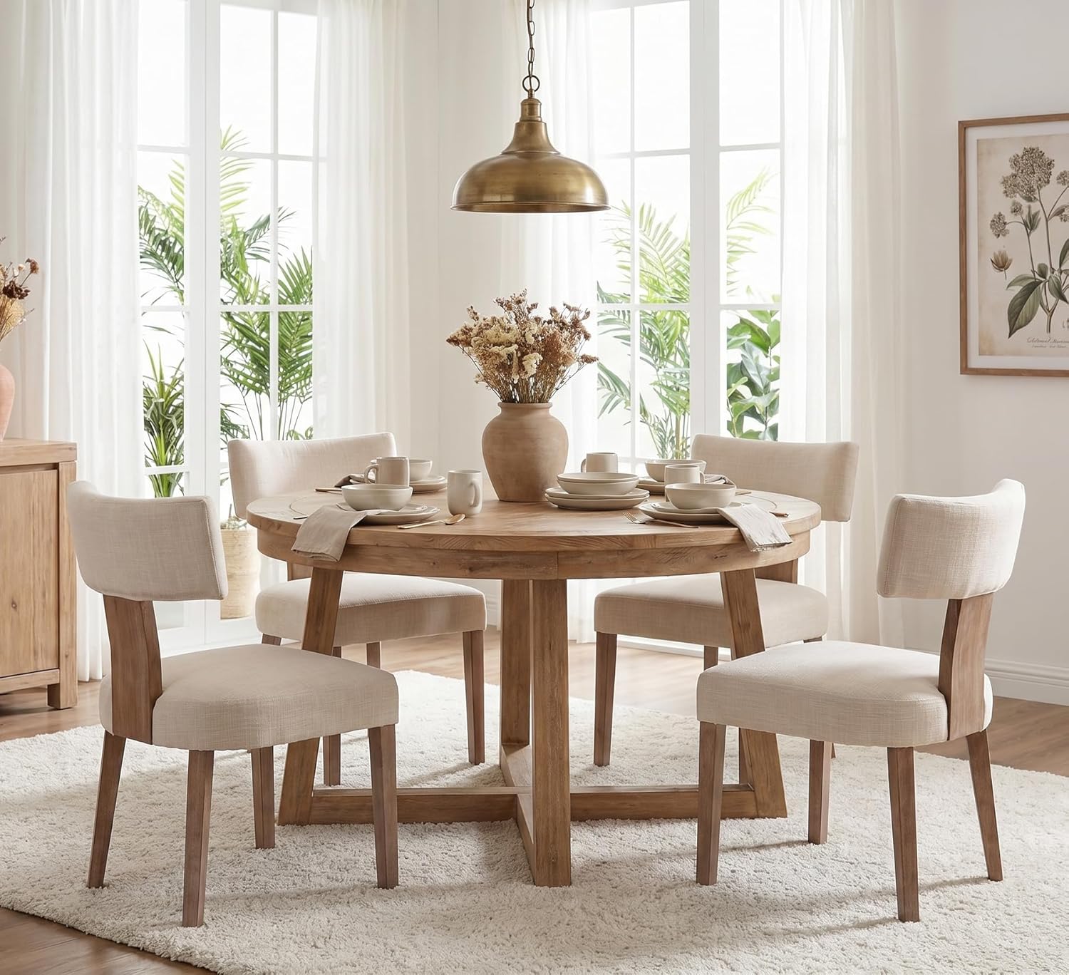 RIVOVA Mid Century Modern Dining Chairs Set of 6 Upholstered Linen Fabric Dining Chairs Curved Backrest Farmhouse Dining Room Chairs Kitchen Chairs with Wood Legs, Beige
