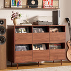 BROTTAR 47.2" Large Record Player Stand, 7“/10"/12" Vinyl Record Storage Cabinet, Mid Century Turntable Stand, Vinyl Record Holder, Media Cabinet with DVD Drawers for Living Room, Music Corner, Brown