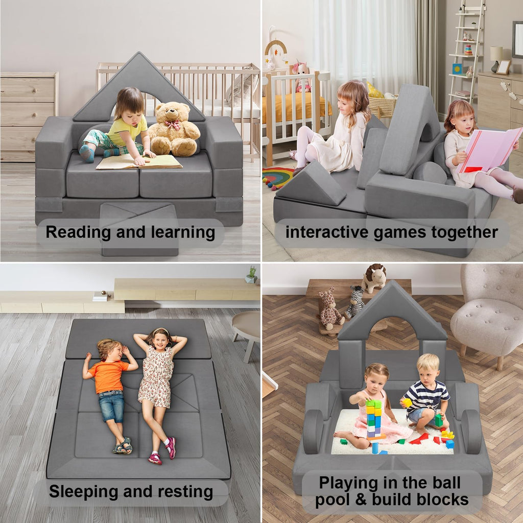 9pcs Modular Kids Play Couch, Toddler & Child Sectional Sofa, Convertible Foam and Floor Cushion for Boys and Girls, Foldable Playroom Bedroom Furniture, Gray