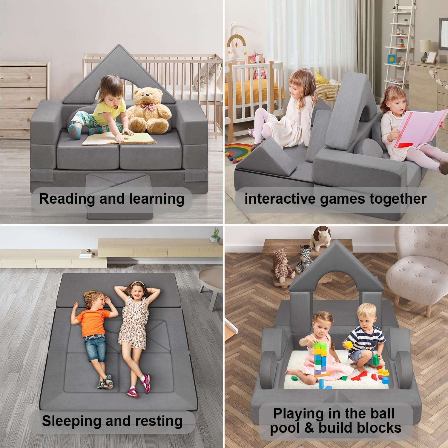 9pcs Modular Kids Play Couch, Toddler & Child Sectional Sofa, Convertible Foam and Floor Cushion for Boys and Girls, Foldable Playroom Bedroom Furniture, Gray